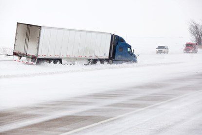 Large Truck sliding off of the Road in a Snowstorm with Blizzard Conditions