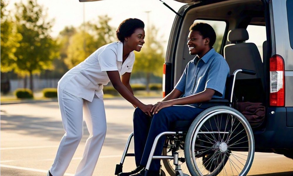 Blog - Nurse Smiling and Helping Smiling Person in Wheel Chair in a Parking Lot with Trunk of Car Open